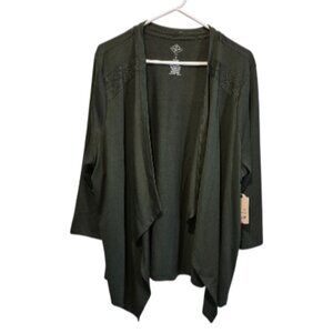 St Johns Bay Women's Open Front Olive Cardigan Lace Detail Size 1X